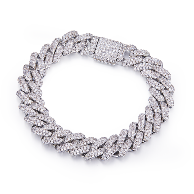 14mm宽Cuban ChainS925银镶Moissanite厘石圆形白色DVVS